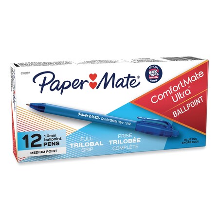Paper Mate ComfortMate Ultra BP Pen, Retract, Medium 1 mm, Blue Ink/Barrel, PK12 6310187